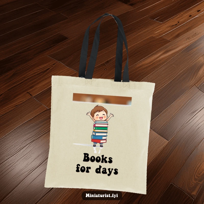 Funny tote bag with a miniature figure balancing a stack of tiny books, perfect for carrying essentials with a literary and humorous theme.