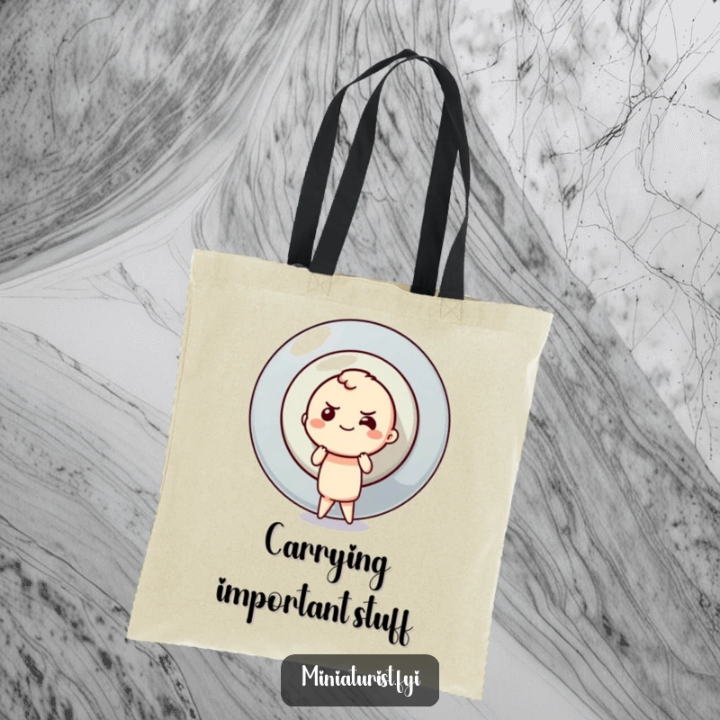 Funny button pusher tote bag with a tiny determined character attempting to push a colossal button, symbolizing ambition.