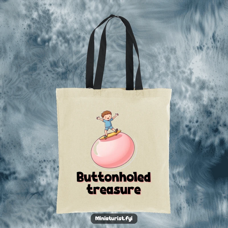 Funny miniature person enthusiastically surfing on a ridiculously large, upturned button, showcased on a spacious and stylish tote bag.