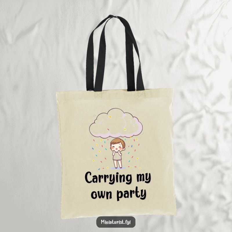 Funny Tote Bag: A small figure delights in a miniature raincloud that is joyfully raining down colorful confetti.