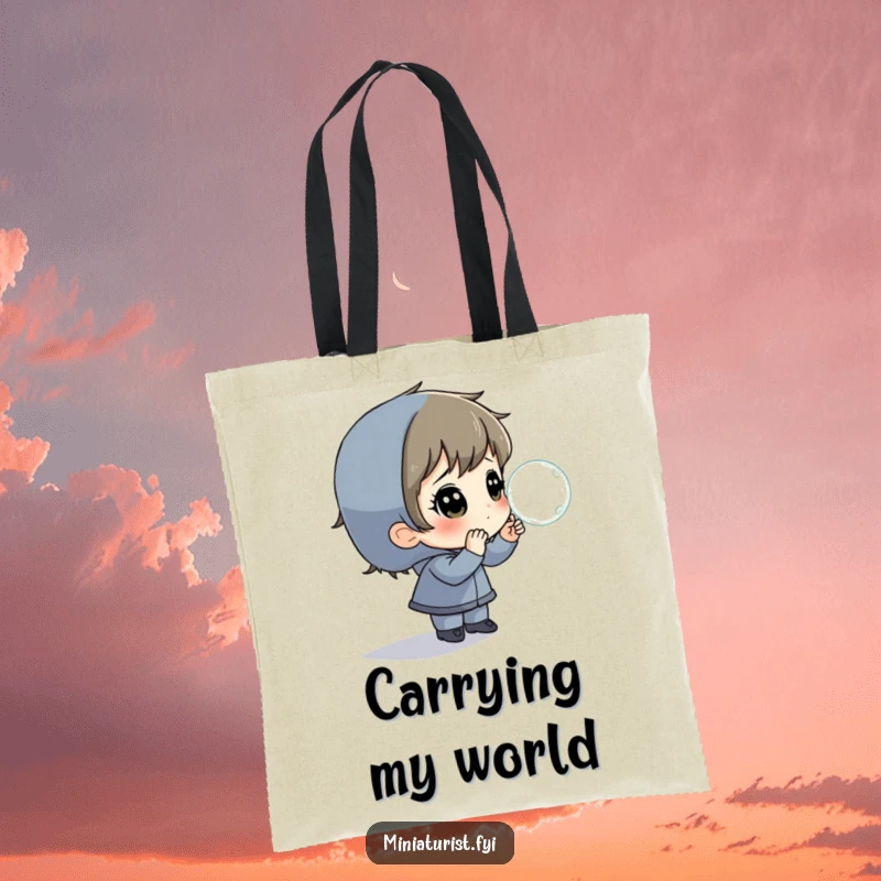 Funny Tote Bag depicting a small person observing a large, magnified dewdrop, perfect for carrying daily finds.