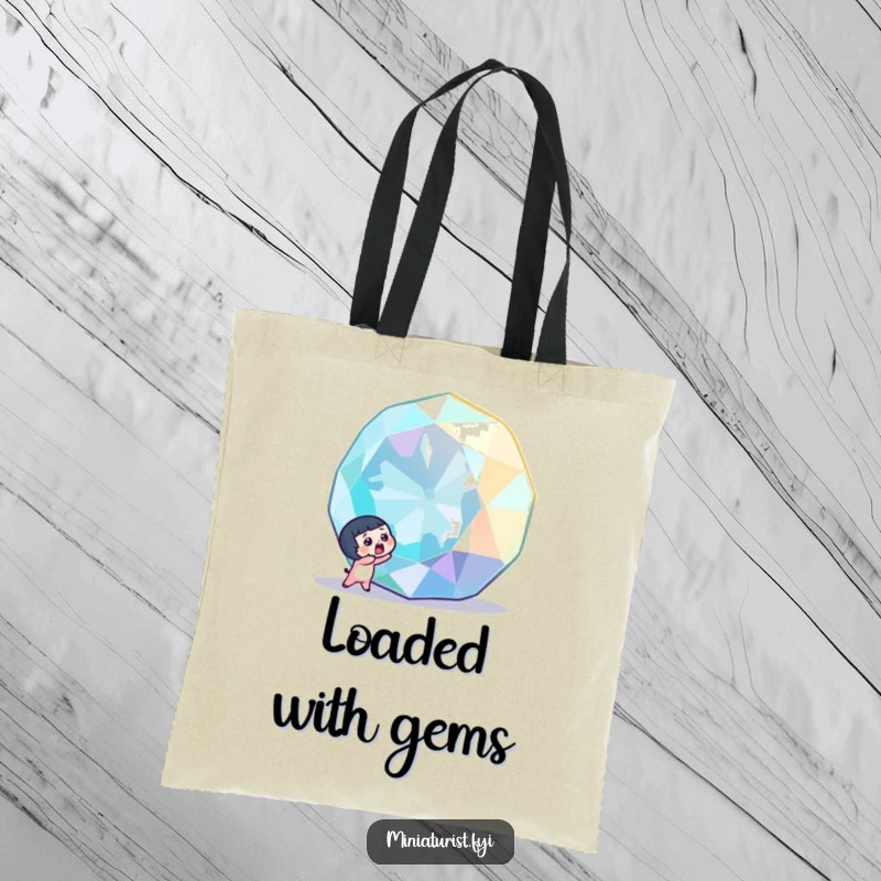 Funny tiny character with a surprised gasp, discovering a colossal, sparkling gemstone, showcased on a spacious and stylish tote bag.