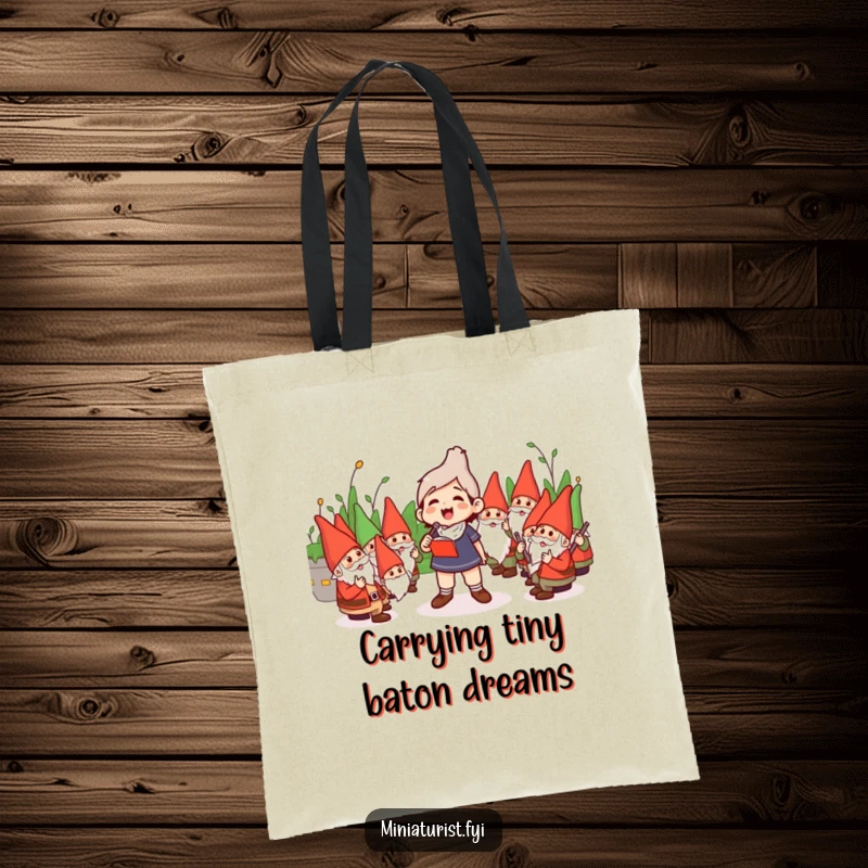Funny Tote Bag: Miniature conductor leading a whimsical orchestra composed entirely of garden gnomes, full of charm.