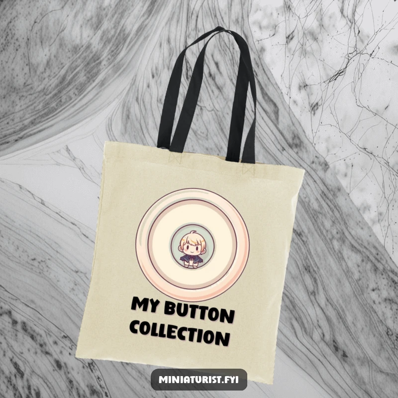 Funny tote bag with a miniaturist character peeking out from a massive, upside-down button, ideal for carrying daily items.