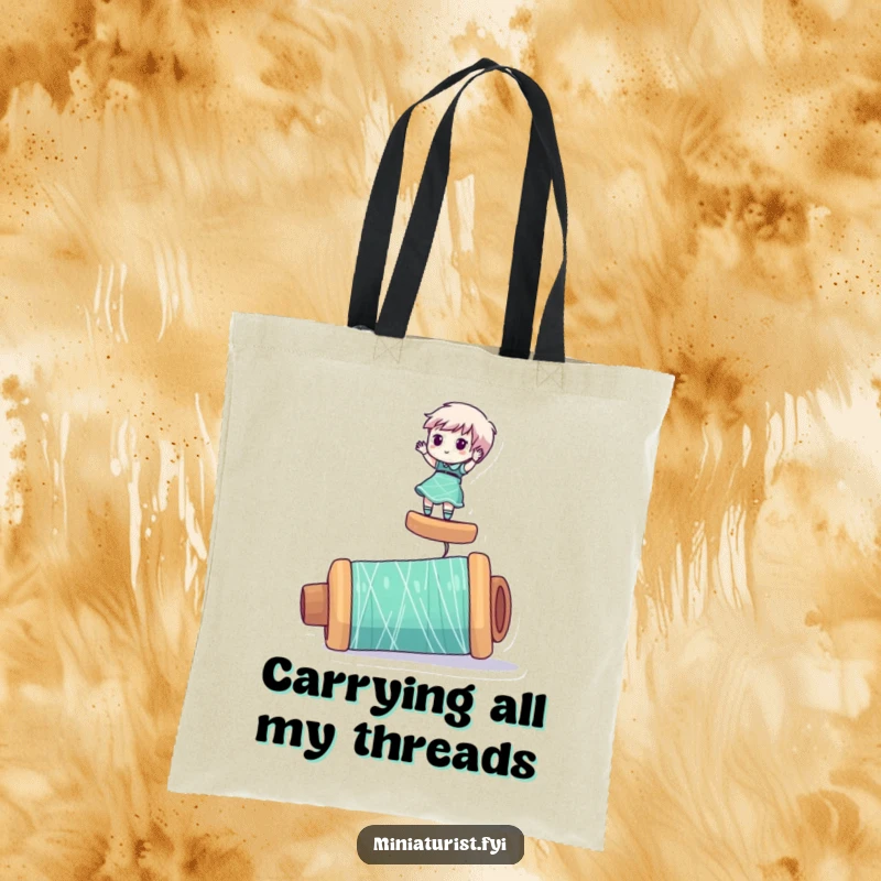 Funny tote bag with a miniaturist character balancing skillfully on a massive spool of thread, ideal for craft lovers.