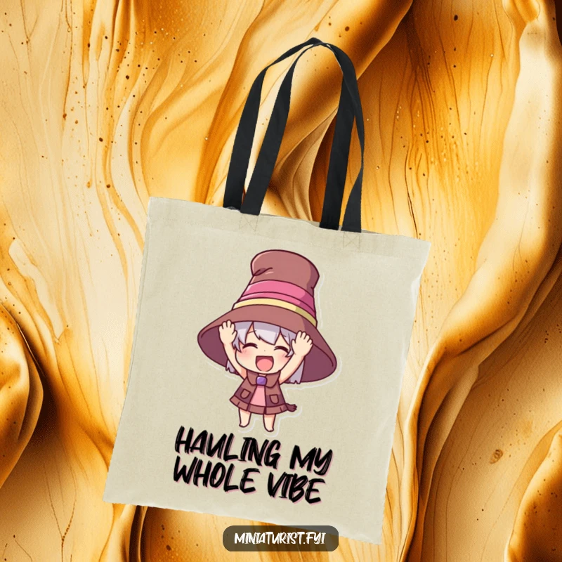 Funny tote bag with a miniature character joyfully trying on an oversized hat, perfect for carrying essentials with a humorous touch.