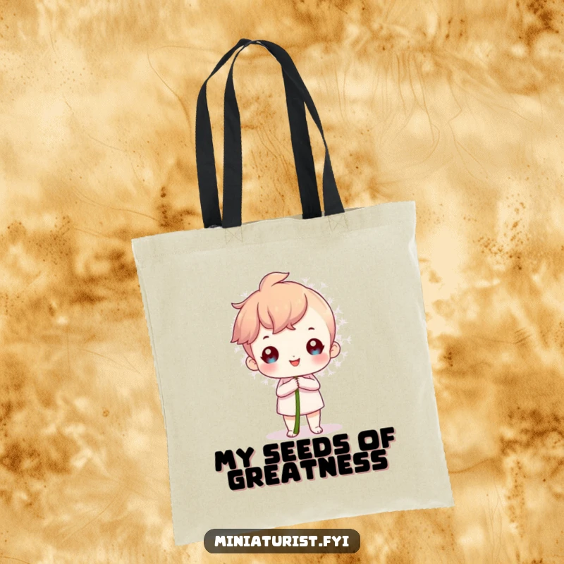 Funny Tote Bag with a proud miniature character holding a giant dandelion seed, great for everyday victories.