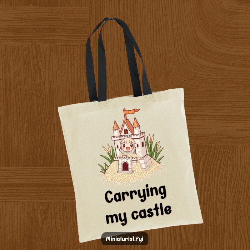 Funny, tiny character building an impressive castle from rice grains on a durable tote bag, symbolizing grand aspirations.