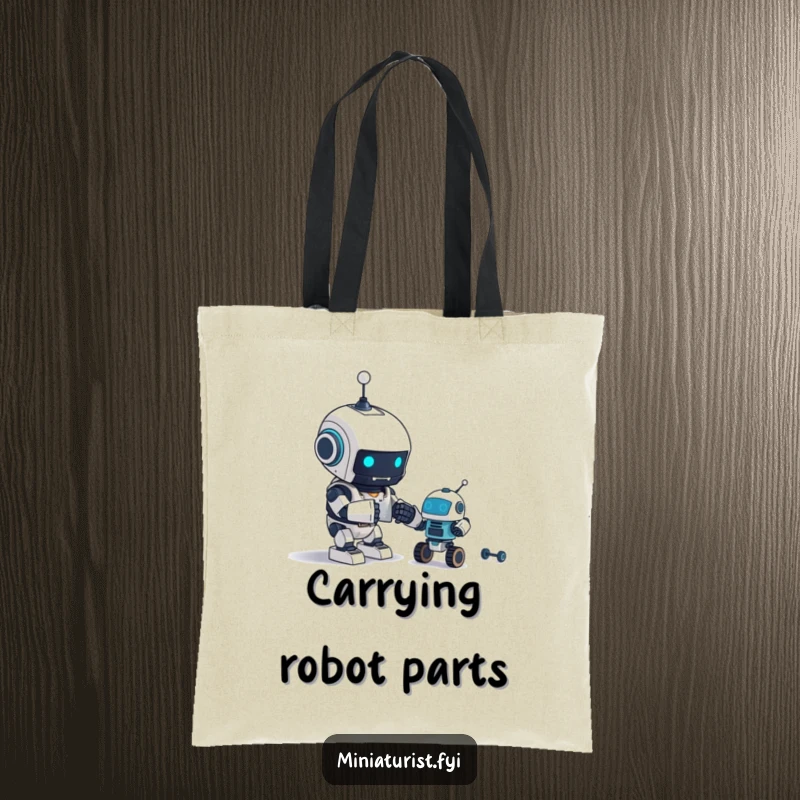 Funny Tote Bag: A miniature robot excitedly builds an even tinier robot, a perfect accessory for tech lovers.