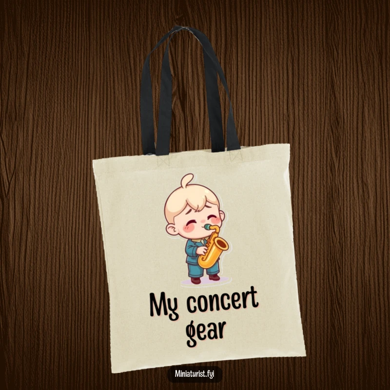 Funny saxophone tote bag showcasing a miniature character playing a tiny saxophone with great enthusiasm, ideal for music lovers.