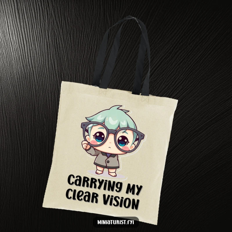 Funny Tote Bag: A miniature character proudly polishes a pair of extremely large spectacles with a polishing cloth.