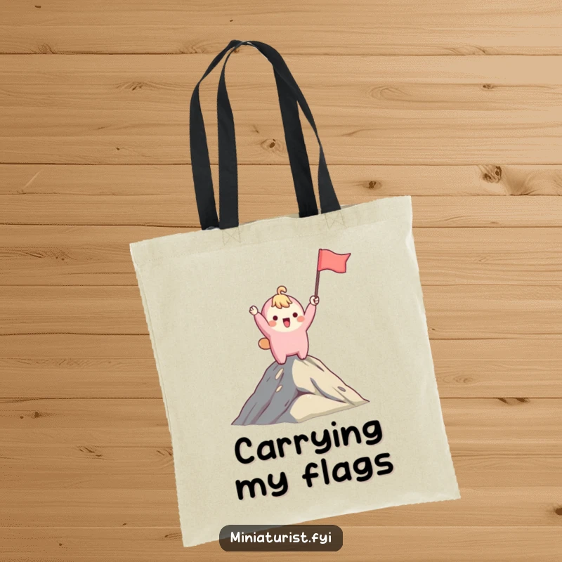 Funny tote bag with a cute character waving a small flag on a mountaintop, ideal for humorous everyday use and a funny gift.
