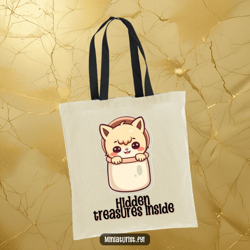 Funny tote bag illustrating a small character peeking out from a thimble with a mischievous grin, hinting at playful secrets.