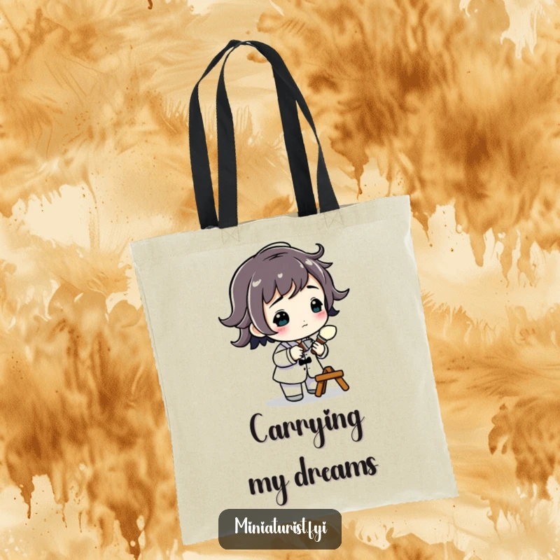 Funny Tiny Artist Tote Bag showing a small figure with a minuscule paintbrush, about to add detail, a humorous and practical accessory.