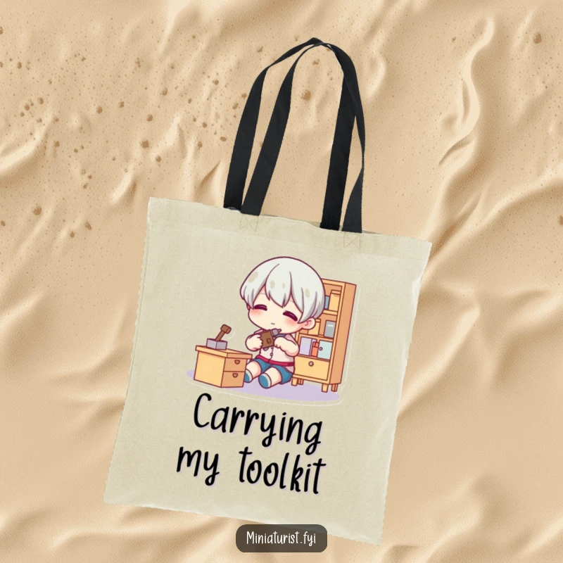 Funny Tiny Fixer Tote Bag showing a small figure adjusting miniature furniture, a humorous and practical accessory for carrying essentials.