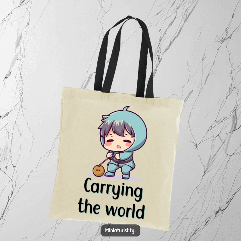 Funny tote bag illustrating a tiny character comically struggling to lift a minuscule weight, a humorous take on strength.