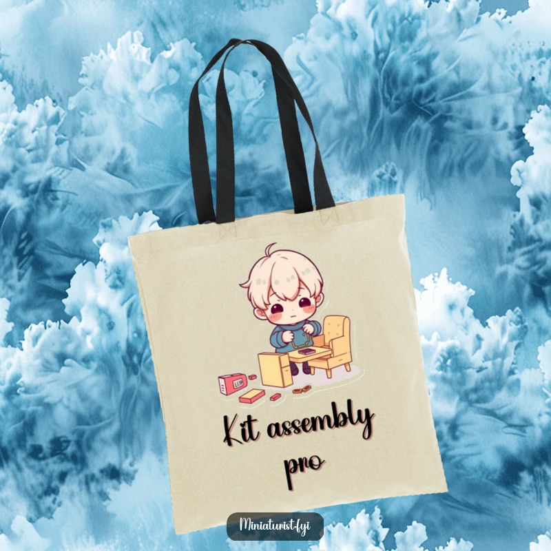 Funny tote bag illustrating a tiny character's comical and enthusiastic effort to assemble miniature furniture, a true DIY adventure.