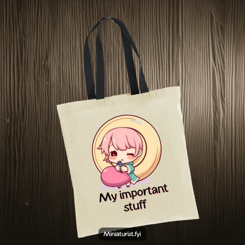 Funny sewing tote bag featuring a tiny winking character struggling with a giant button, ideal for carrying craft supplies with humor.