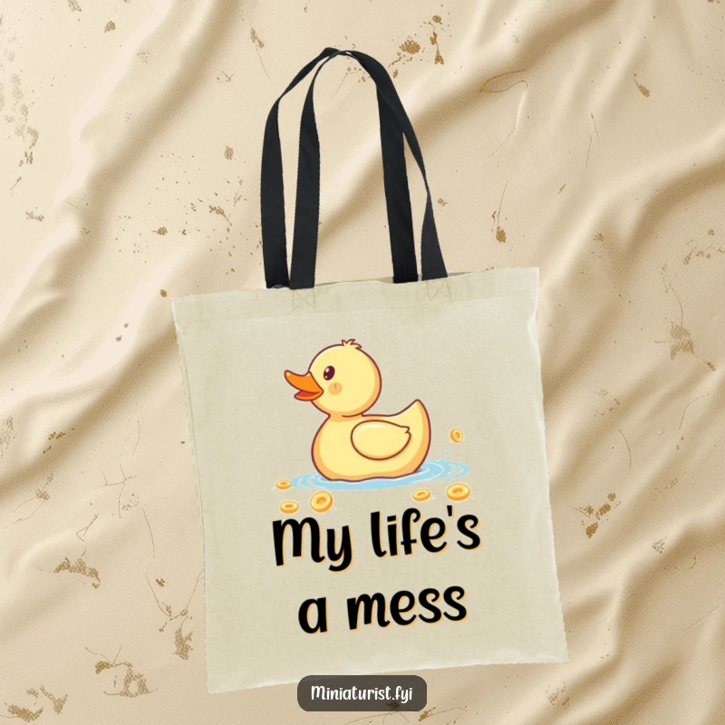 Funny tote bag illustration of a rubber ducky's frantic paddle on a giant cereal flake, a humorous daily adventure.
