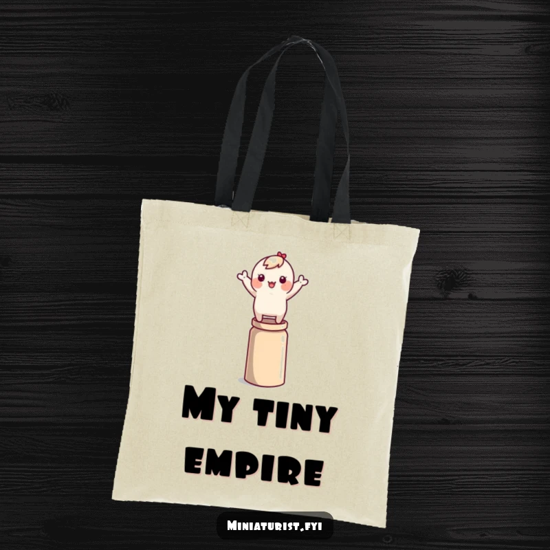 Funny tiny character with arms waving, precariously balanced on a thimble, featured on a durable and stylish tote bag.